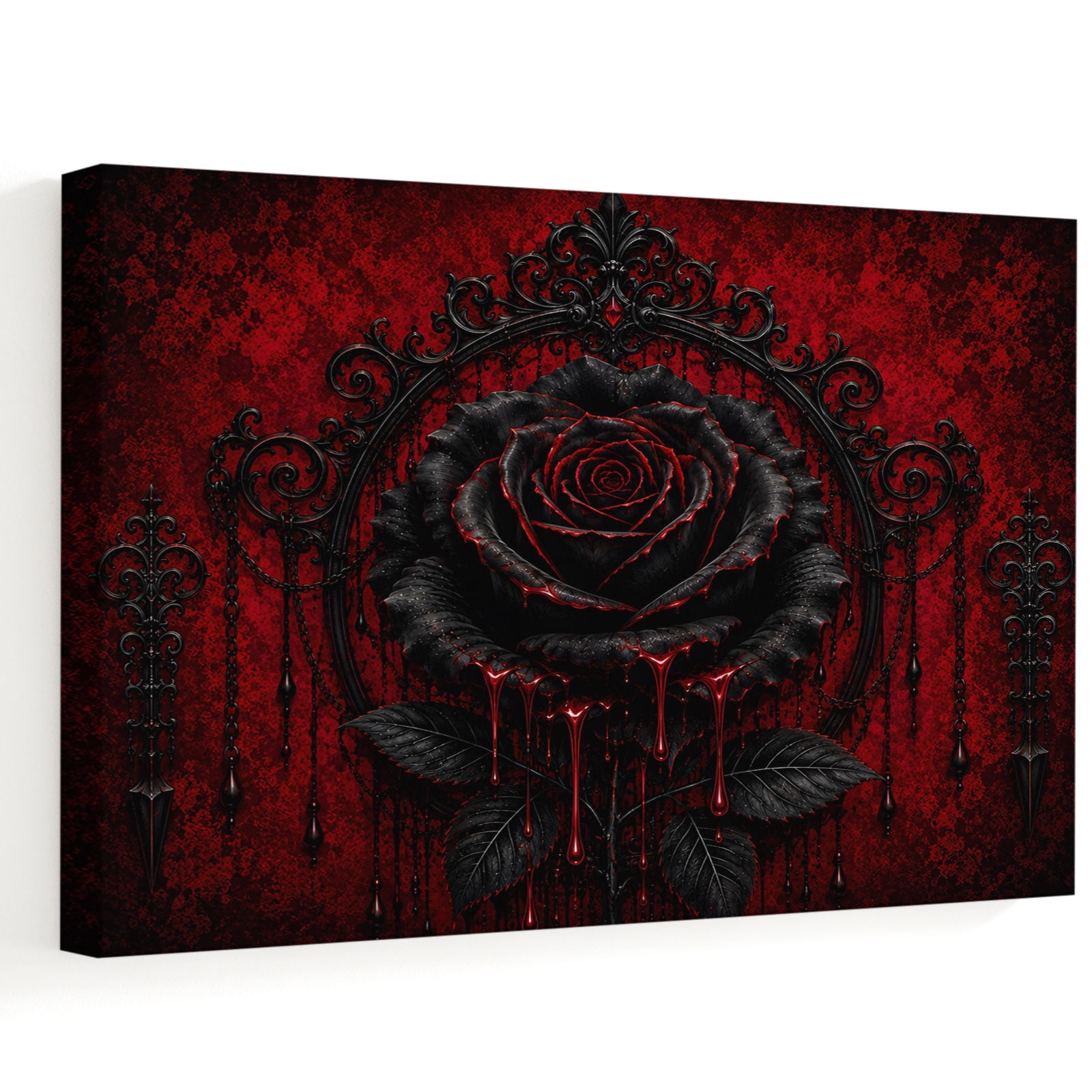 Bleeding Black Rose Canvas Wall Art, Dark Academia Ornate Framed Dark ...