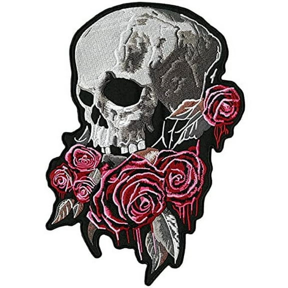 Bleeding Roses Skull Patch | 3D Skeleton | Embroidered Iron On | Large - by Nixon Thread Co. (11")
