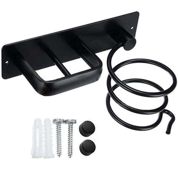 Bleiou Hair Dryer Holder Hairdryer Station Wall Mounted Spiral Shelf Bracket Stand Hanger Straightener Organizer Blow Storage with Holes Rack For Bathroom Aluminum Professional,Black