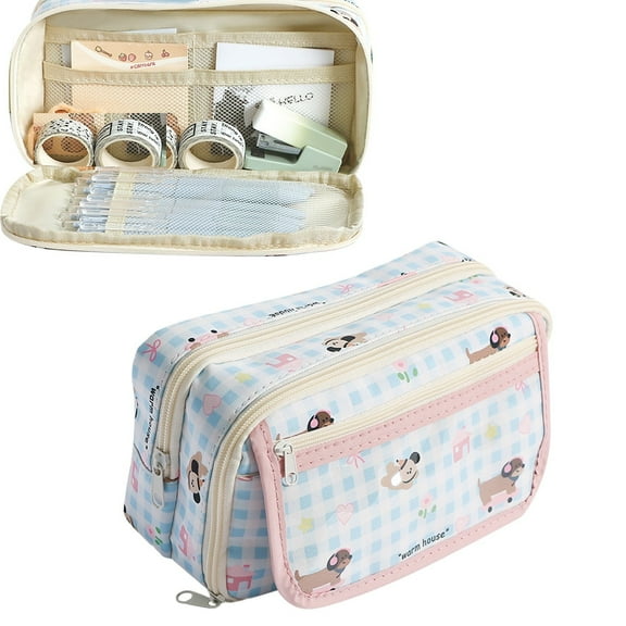 Blekii 9-Compartment Large Pencil Case – Cute Birthday Dog Design, Zippered Cloth Organizer Large Capacity Puppy Pencil Case Blue