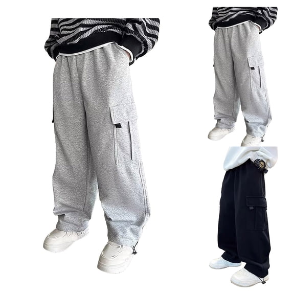Blekii Boys Fleece Lined Sweatpants Wide Leg, Boys Fleece Lined Sweatpants, Open Bottom Wide Leg Athletic Pants for Kids, Yoga Running Joggers for 5-15 Years Open Bottom Athletic Pants Kids Yoga,