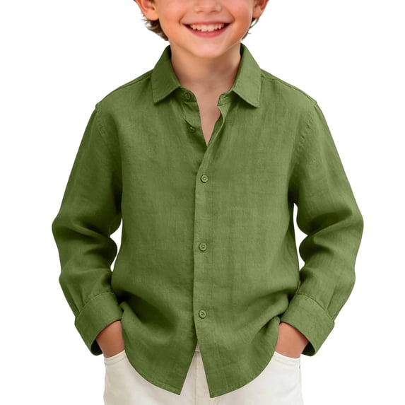 Blekii Boys Long Sleeve Button down Shirt Casual Collar Cotton Linen Solid Top, Green, 120