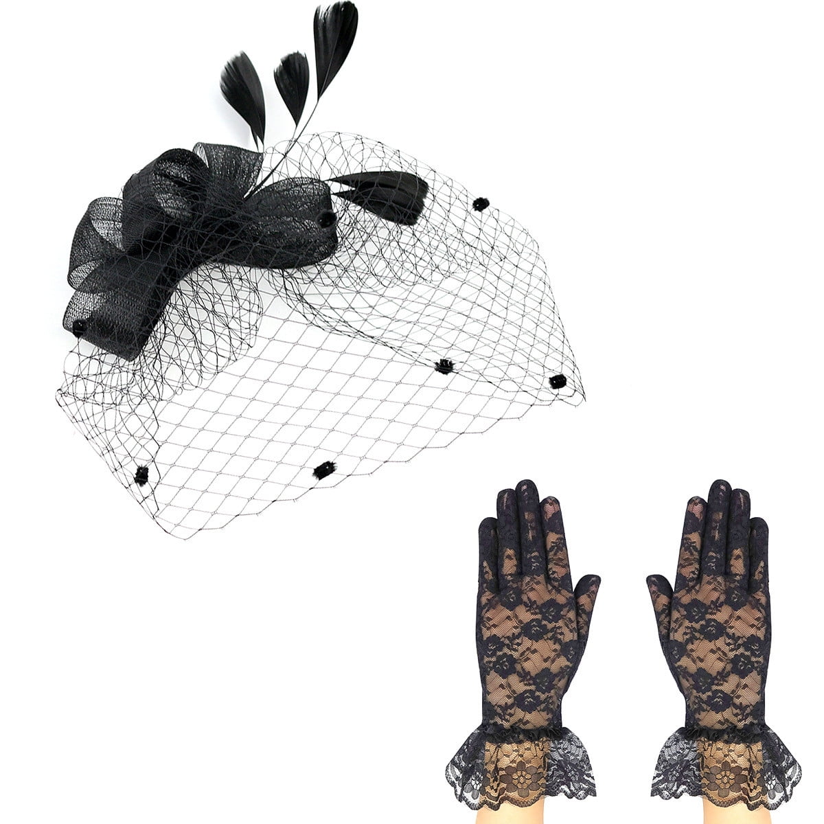Blekii Clearance! Hat Bowknot Feathers Mesh Headband Short Lace Gloves for Cocktail Tea Party