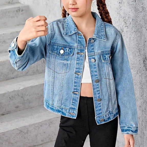 Blekii Girl's Basic Denim Jacket with Button-Front Flap Pockets, Ages 5-14 Soft Denim Cropped Length, Classic Look, Casual Vibe, School Days
