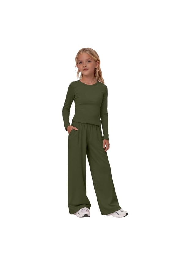 Girls 2 Piece Sweatsuit Set, Ruched Long Sleeve Top, Wide Leg Pants with Pockets, Blackish Green, 110