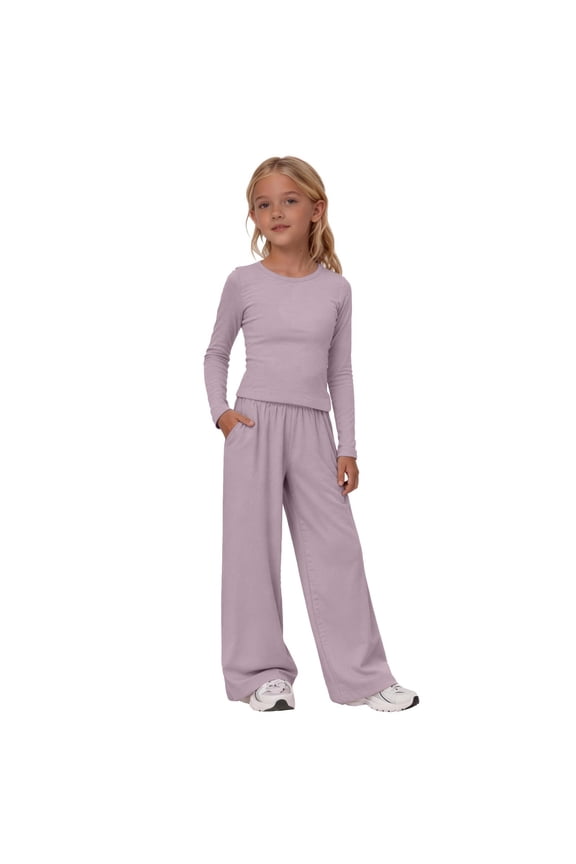 Girls 2 Piece Sweatsuit Set, Ruched Long Sleeve Top, Wide Leg Pants with Pockets, Light Violet, 140