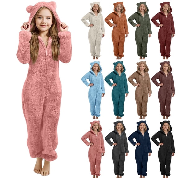 Blekii Girls Fleece Zip up Jumpsuit, Girls Fleece Zip up Jumpsuit, Hooded One-Piece Winter Clothes for Kids 5-14 Years, Warm Play Wear Hooded One-Piece Winter Clothes Winter Play, Outdoor