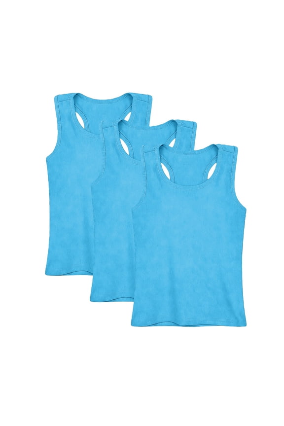 Girls Racerback Tank Tops, 3 Pack Sleeveless Camisoles, Soft Stretchy Dance Shirts, Blue, 90