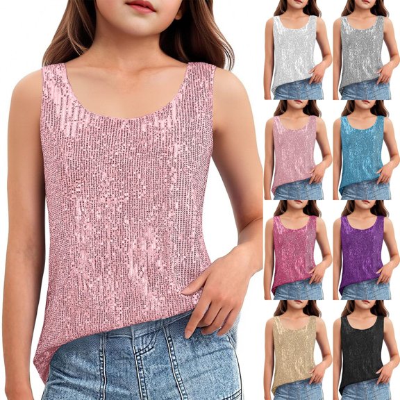 Blekii Girls Sequin Fringe Crop Tops Clubwear Crew Neck Sequin Sparkle Shimmer Sleeveless Tanks Tops Blouses Girls Dance Sleeveless Tank Shirt Purple Size: 130