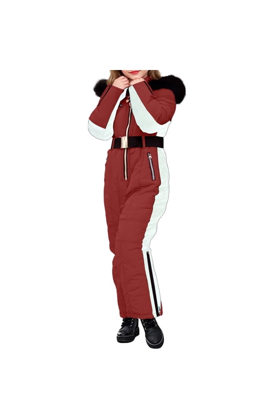 Girls Ski Jumpsuit Removable Collar, Girls Ski Jumpsuit, Removable Collar Winter Snowsuit for Outdoor Sports, Warm One-Piece with Belt Winter Snowsuit Outdoor Sports Skiing, Snowboarding,