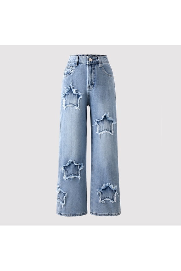 Girls Star Decorated Wide Leg Jeans, Girls Star Decorated Wide Leg Jeans, Elastic Waist Baggy Pants for Teen Kids, Casual Streetwear Elastic Waist Baggy Denim Streetwear, Casual Outing,