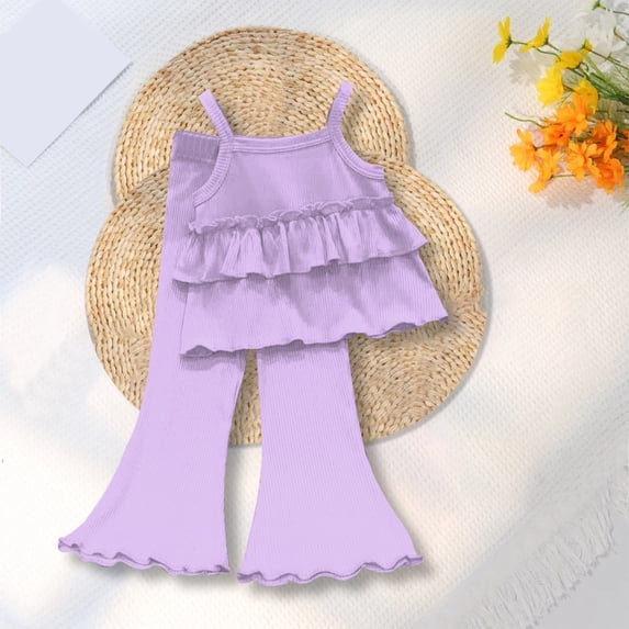Blekii Girls Two Piece Set Flared Pants, Girls Two Piece Set: Flared Nine Point Pants & Top, Spring Summer Fall Comfortable Suspenders Outfit for Kids Spring Summer Fall Suspenders Outfit Spring
