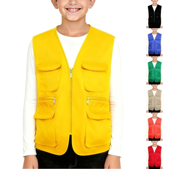 Blekii Kids Outdoor Utility Fishing Vest Zip up Sleeveless Casual Cargo Jacket Khaki 120