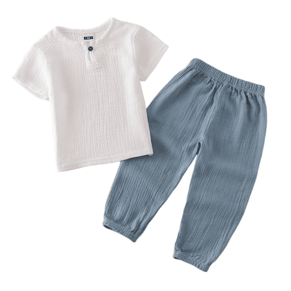 Blekii Kids Summer Cotton Linen Set, 2 Piece Short Sleeve Top And Pants, Casual Outfit, Light Blue, 120