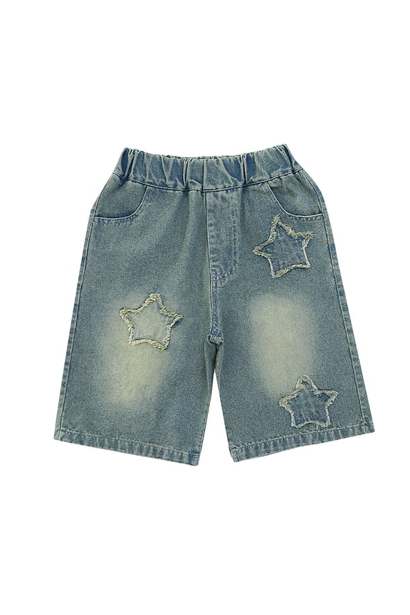 Kids Washed Denim Star Patch Shorts, Casual Elastic Waist Knee Length Shorts, Blue, 120