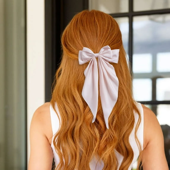 Blekii Large White Satin Bow Hair Clips - 2pcs, Big Bow with Long Ribbon, French Barrette for Girls & Women, Scarf Hair Slides