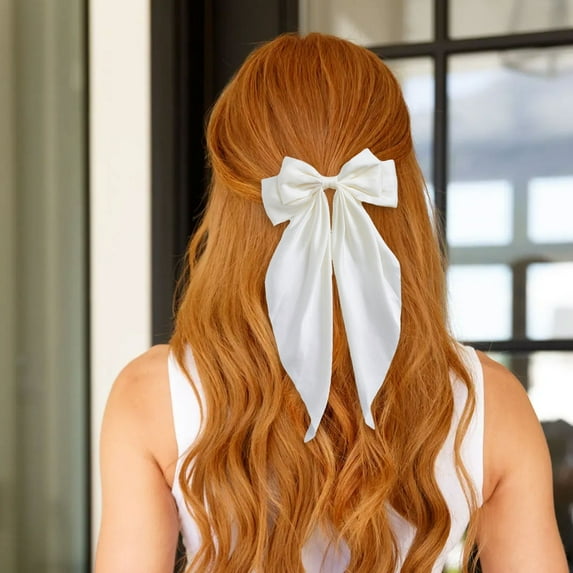 Blekii Large White Satin Bow Hair Clips - 2pcs, Big Bow with Long Ribbon, French Barrette for Girls & Women, Scarf Hair Slides