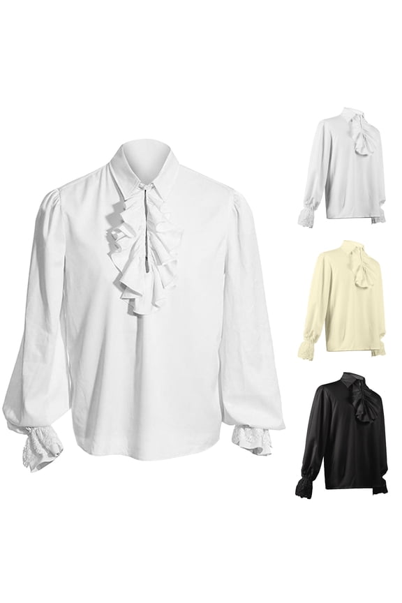 Male Gothic Court Long Sleeve Puff Sleeve Turn-Down Collar Shirt - Victorian Vintage Style, Dramatic Ruffled Design - Perfect for Gothic Event, Costume Party, Theatrical