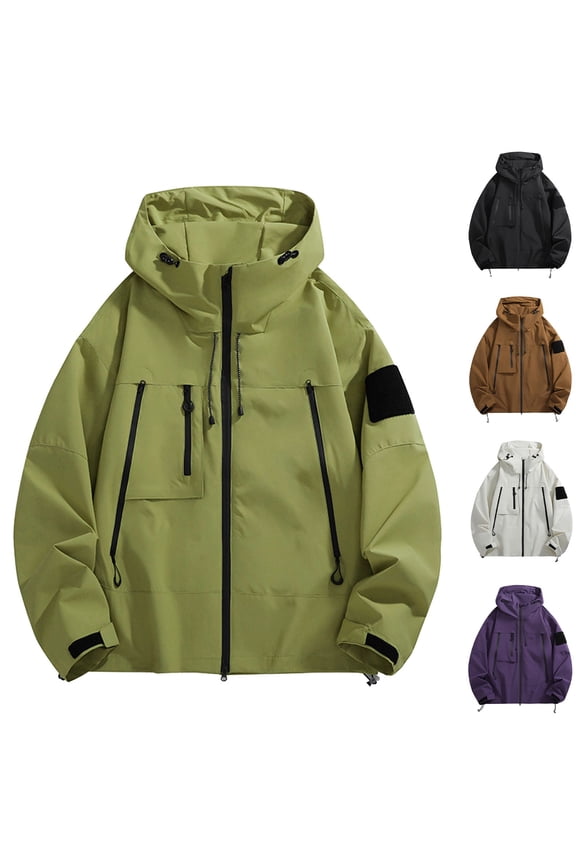 Men's 2024 Spring Tech Jacket, Water Wind Rain Proof Softshell Hoodie, Functional Outdoor Hiking Windbreaker, Lightweight Trekking Sports Coat, Multi-Pocket Casual Jacket for