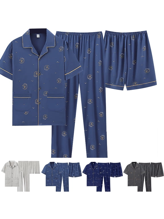 Men's 3 Piece Pajama Set, Short Sleeve Top & Shorts Sleepwear, Matching Lightweight Loungewear, Summer Breathable Sleep Outfit, Complete Sleep Set for Hot Weather,
