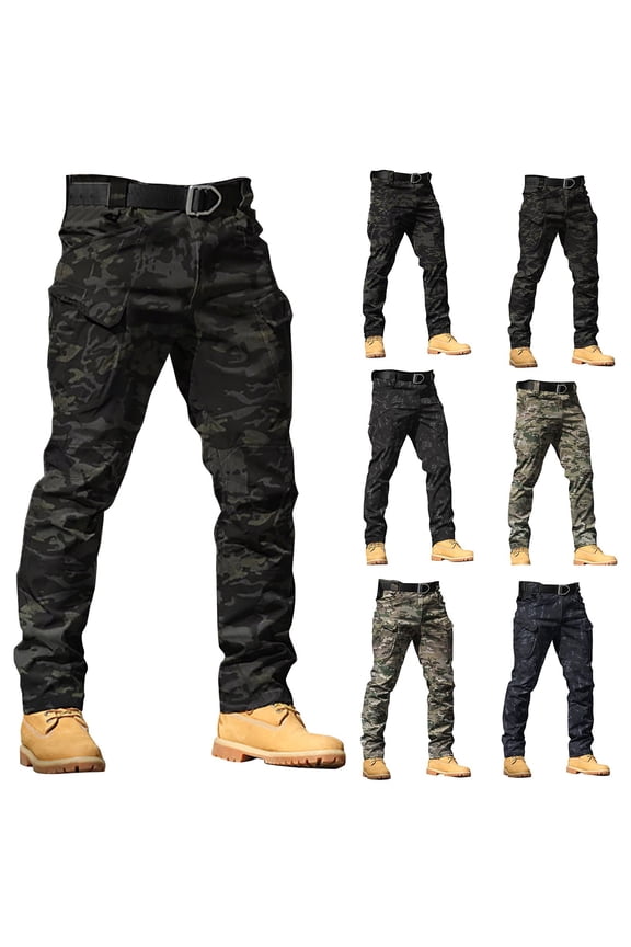 Men's Camouflage Print Cargo Pants, Water-Resistant Outdoor Work Trousers, Stretch Softshell Pants for Training, Loose Fit with Large Pockets, Durable Bottoms for Hiking,