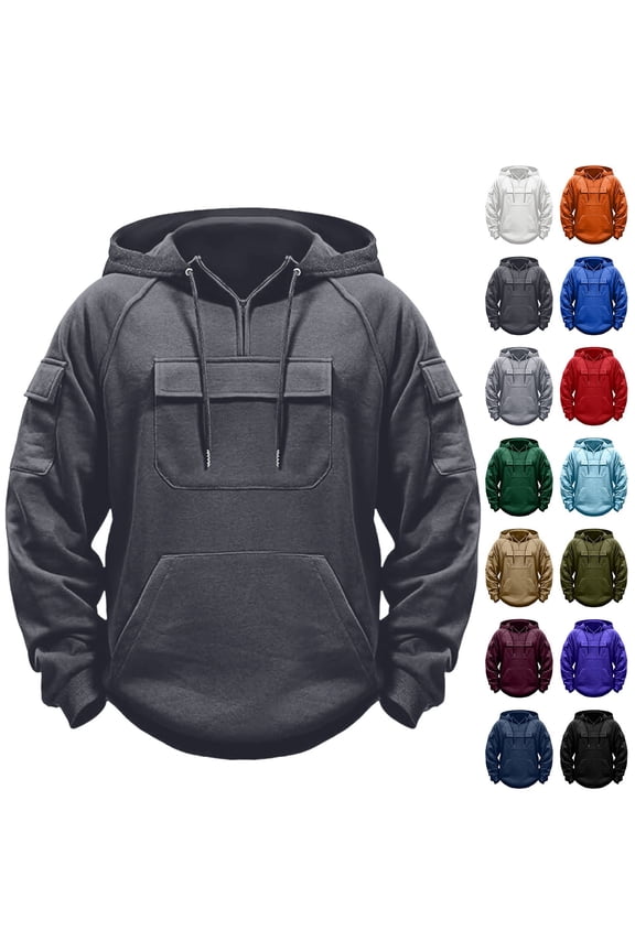 Men's Cargo Pocket Hoodie, Utility Style Pullover Sweatshirt, Large Pocket Detail on Chest, Durable Casual Top for Work Or Outdoor Use, Rugged Streetwear Look, Functional for