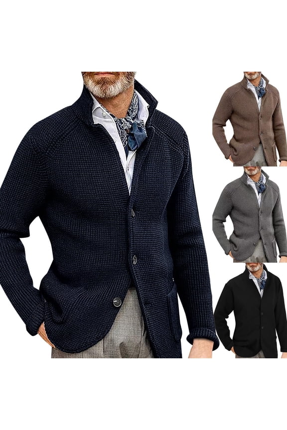 Men's Chunky Knit Cardigan, Stand Collar Wool Blend Jacket, Thick Textured Sweater Coat, Winter Warm Layering Piece, Casual Smart Office Top, Cozy Fall Winter Fashion for Men, Khaki 4Xl