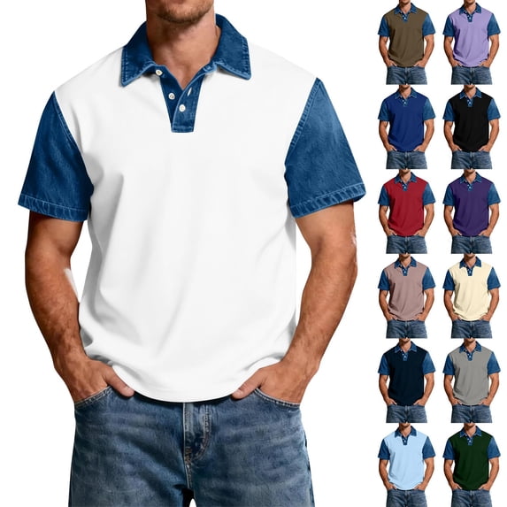 Blekii Men's Denim Patchwork Short Sleeve Polo Shirt Slim Fit Casual Button down Plum L