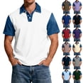 thumbnail image 1 of Blekii Men's Denim Patchwork Short Sleeve Polo Shirt Slim Fit Casual Button down Red L, 1 of 7