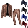 thumbnail image 1 of Blekii Men's Faux Leather Outfit Set, Motorcycle Style Jacket & Pants Combo, Two-Piece Pu Leather Tracksuit, Edgy Casual Wear for Parties, Complete Biker Look Ensemble, Fashion, 1 of 4