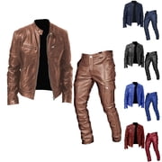 Blekii Mens Faux Leather Outfit Set, Motorcycle Style Jacket & Pants Combo, Two-Piece Pu Leather Tracksuit, Edgy Casual Wear for Parties, Complete Biker Look Ensemble, Fashion