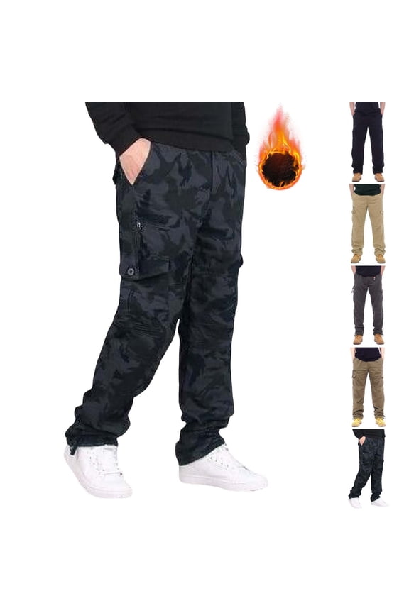 Men's Fleece Lined Cargo Pants, Thick Warm Work Trousers with Multiple Pockets, Loose Fit Casual Bottoms for Outdoor Use, Durable Fabric for Cold Weather, Plus Size Available