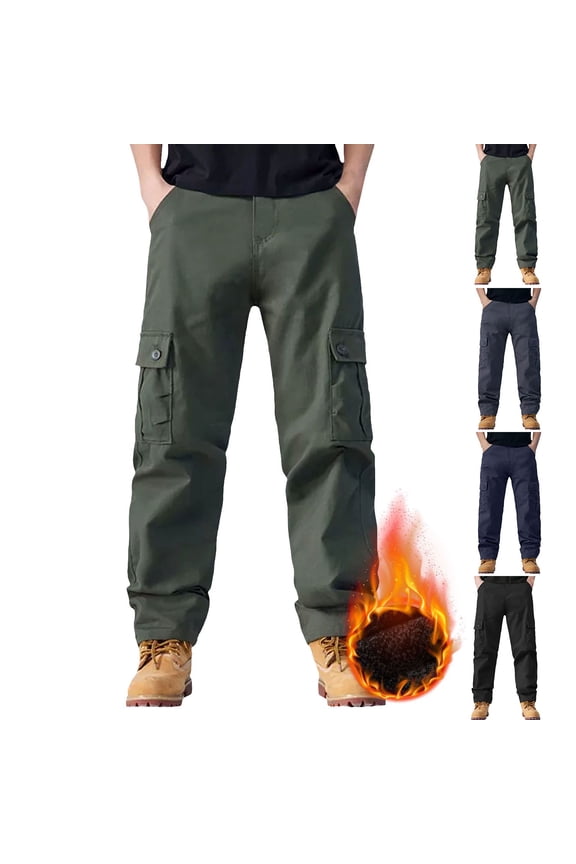 Men's Fleece Lined Work Pants, Thickened Warm Cargo Trousers for Winter, Loose Straight Leg Outdoor Work Bottoms, Durable Fabric for Cold Weather Jobs, Functional Casual