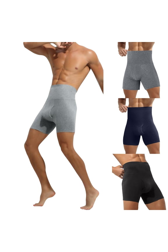 Men's High Waist Compression Underwear, Tummy Control Boxer Briefs for Sports, Warm Thermal Pants for Layering, Solid Color Comfort Trunks, Supportive Base Layer for Workouts