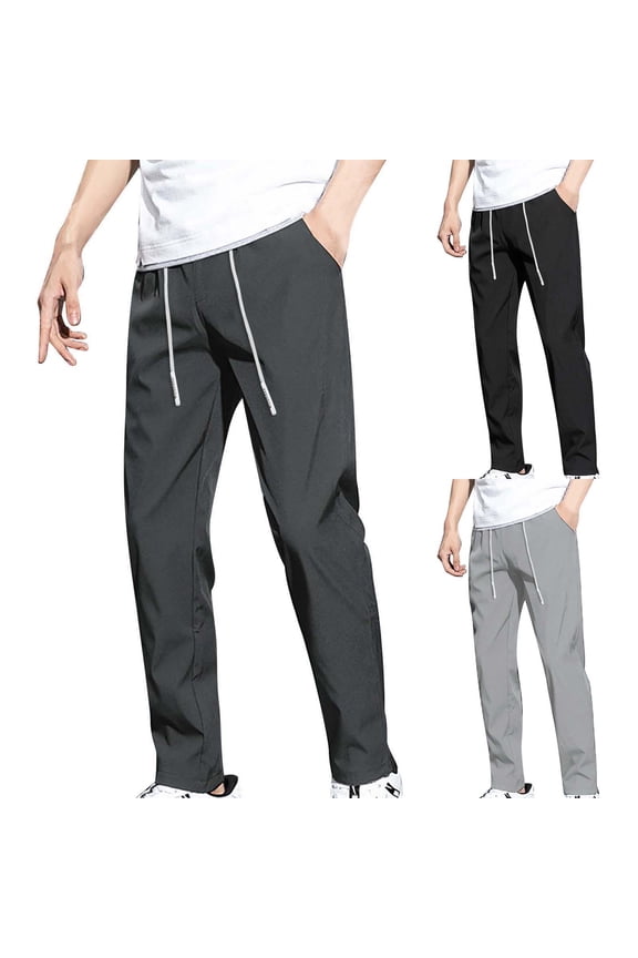 Men's Ice Silk Pants, Summer Thin Quick-Dry Trousers with Elastic Waist, Breathable Stretch Sports Pants, Loose Straight Leg Comfort, Moisture Wicking Fabric for Hot Weather,