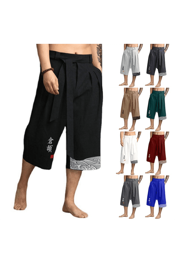 Men's Japanese Style Pants, Traditional Kimono Inspired Wide Leg Trousers, Asian Linen Cropped Pants for Summer, Loose Comfortable Lounge Or Cultural Wear, Unique Fashion