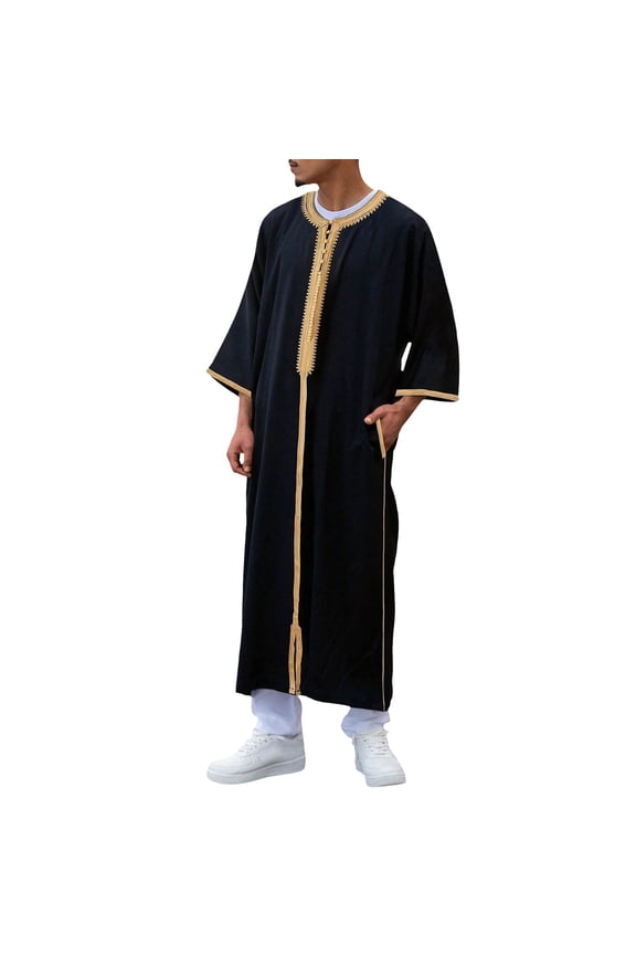 Men's Lightweight Arab Thobe Long Robe Ramadan Dishdasha Middle Eastern Clothing Black M