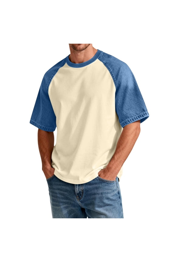 Men's Oversized T-Shirts Relaxed Fit Contrast Denim Sleeve Summer Crewneck Top, Beige L