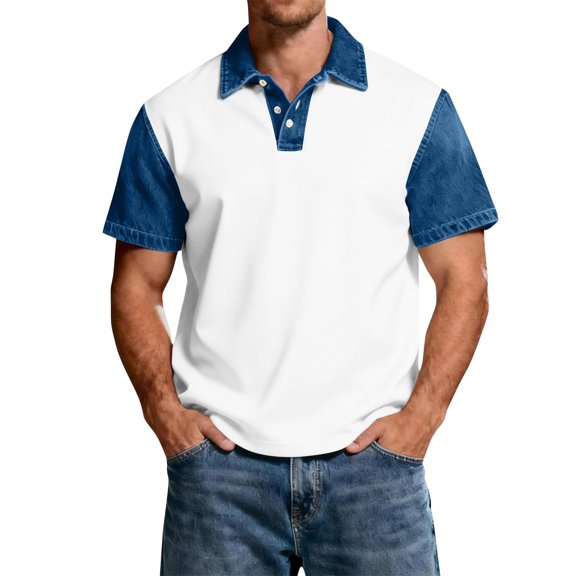 Blekii Men's Patchwork Denim Short Sleeve Polo Shirt Casual Button down Top, White L