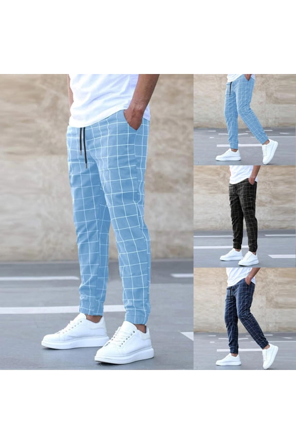 Men's Plaid Joggers, Checkered Pattern Drawstring Ankle Pants, Casual Cotton Sweatpants for Summer, Loose Straight Leg Comfort, Breathable Lounge Or Sportswear, Versatile for