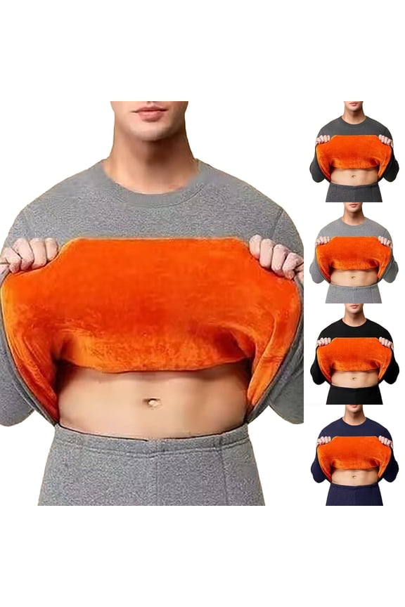 Men's Round Neck Gold Fleece Thermal Underwear Set - Thickened Padded Warmth, Long Sleeve Top - Ideal for Extreme Cold, Winter Outdoor Work, Ski Trip, Snowboarding - Men'S