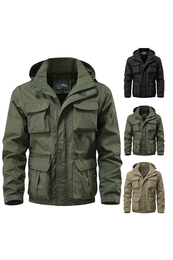 Men's Utility Work Jacket, Multi-Pocket Outdoor Cargo Coat, Water-Resistant Windbreaker Style, Durable Casual Workwear Top, Functional Jacket for Hiking Or Labor, Rugged