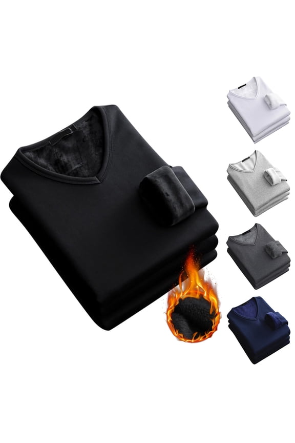 Men's V-Neck Thermal Shirt, Fleece Lined Base Layer Top, Thickened Warm Undershirt for Winter, Soft Brushed Interior, Comfortable for All-Day Wear, Essential Cold Weather