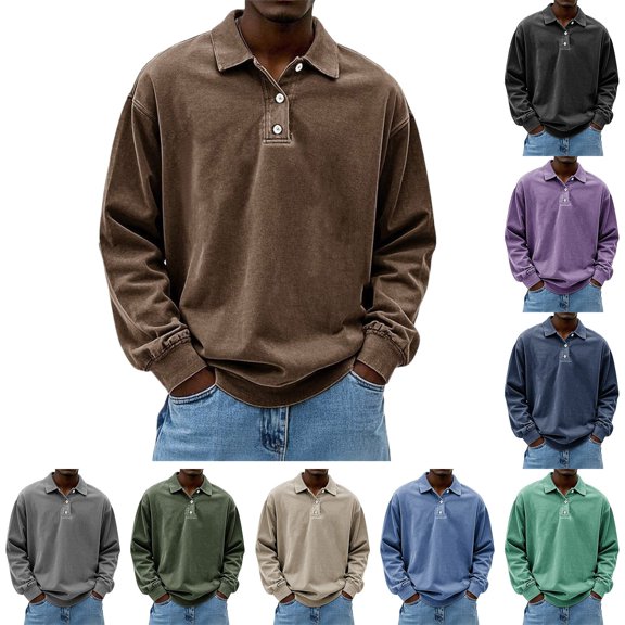 Blekii Men's Washed Imitation Denim Long Sleeve Golf Shirts for Men Dry Fit - Solid Color Pullover, Button Placket Design - Perfect for Casual Friday, Weekend Golf, Business Casual,