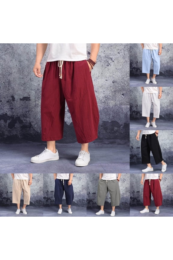 Men's Wide Leg Harem Pants, Baggy Bloomer Style Trousers with Hanging Crotch, Japanese Inspired Cotton Linen Calf-Length Pants, Bohemian Lounge Or Beach Pants, Unique