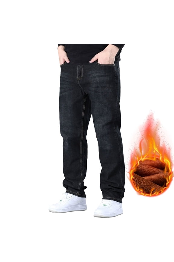 Mens Fleece Lined Straight Leg Jeans, Stretch Denim Casual Pants Winter Comfortable Warm Trousers