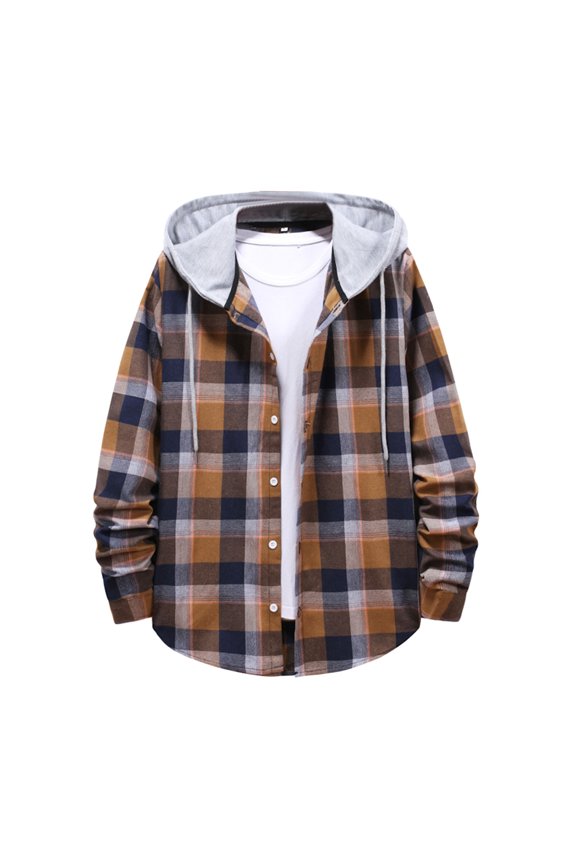Mens Plaid Shirt Coat with Hood, Casual Jacket Thin Layer Fall Long Sleeve Button down Top