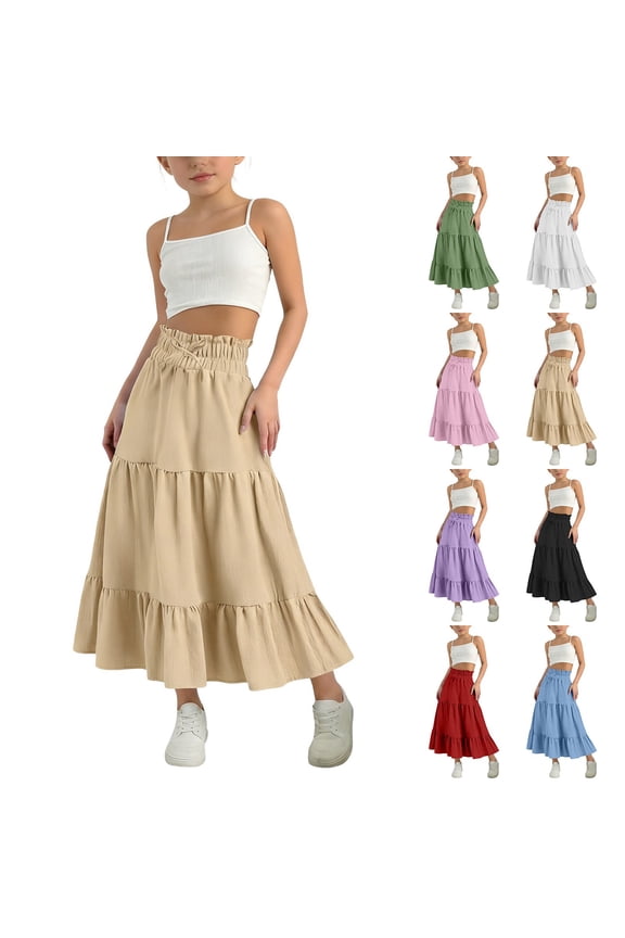 Petite Fit Casual Cotton Linen Layered Pleated Skirt Fashionable Summer Dress Green 170