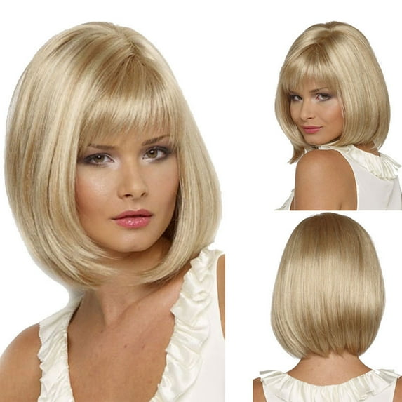 Blekii Short Golden Wig with Full Bangs - Suitable for Women & Girls, Cute Daily Wear Synthetic Wig