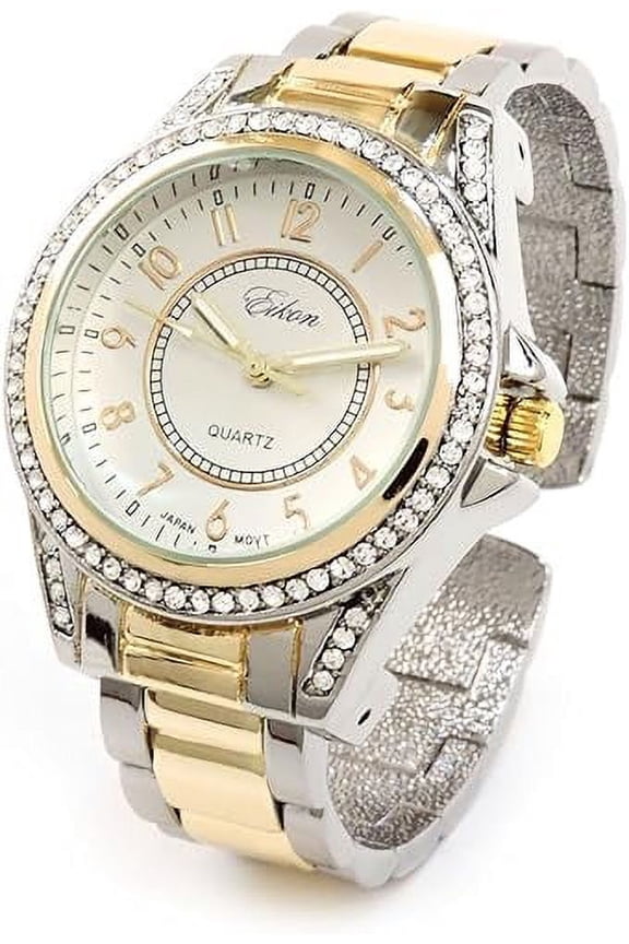 2Tone Metal Band Crystal Bezel Large Face Women's Bangle Cuff Watch